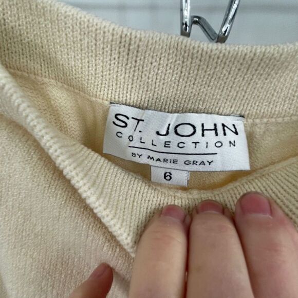 St John Collection Cream Santana Knitted Tweed Suit Set Blazer Skirt Size Small - Picture 7 of 15